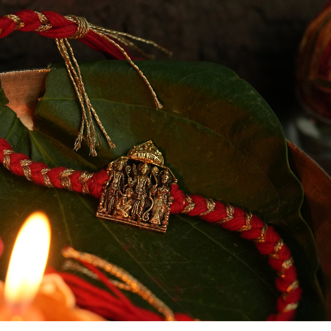 Traditional Ram Darbar Pendant & Red Dori Rakhi Gift Set | Red