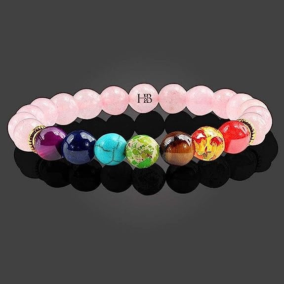 Beautiful 7 Chakra And Pink Quartz Beads Bracelet Gift For Someone Special On a Special Occasion.