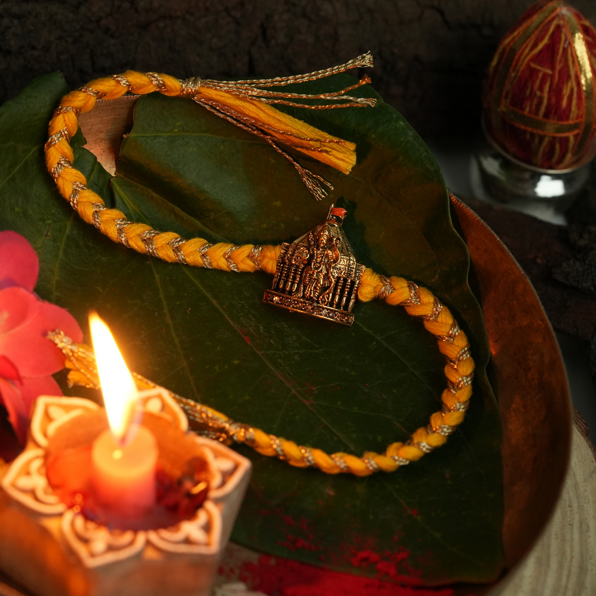 Traditional Ram Lalla Pendant & Yellow Dori Rakhi Gift Set | Yellow