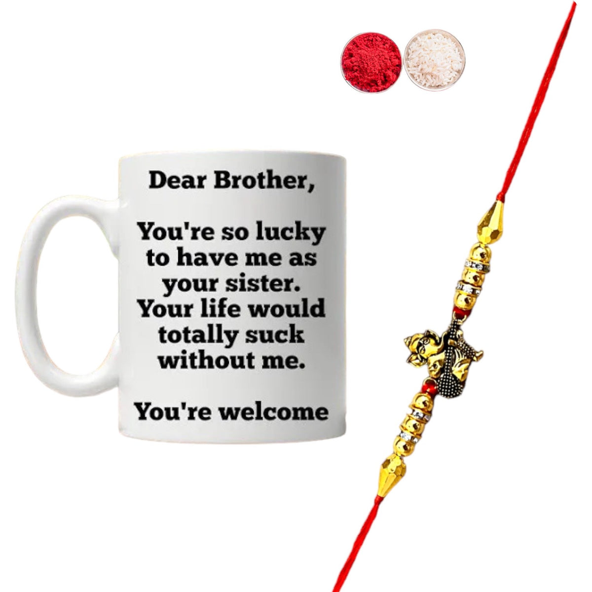 Rakhi With Printed Mug and Roli Chawal  For Your Loving Brother.