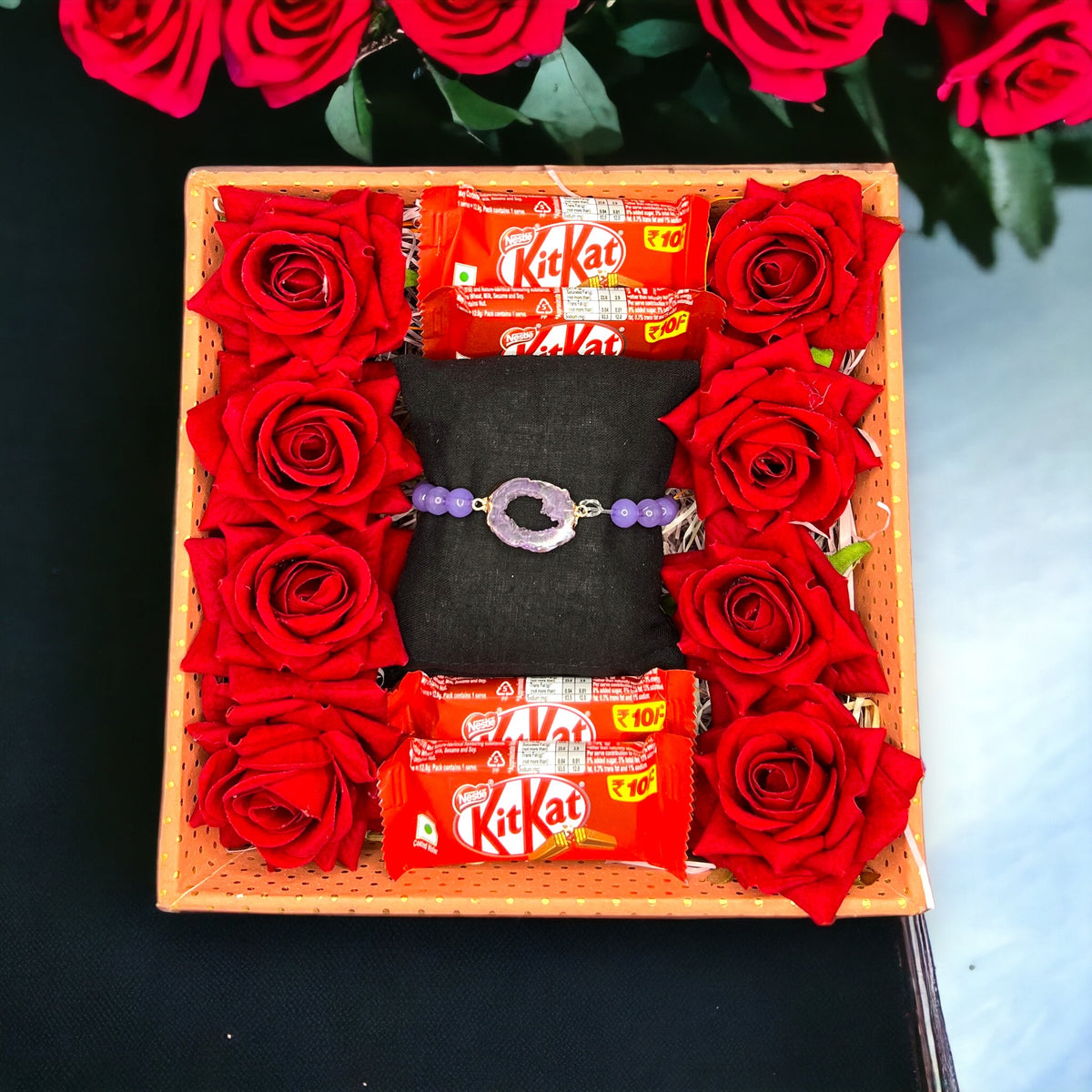 Beautiful Gift Hamper with Bracelet, Roses and Kitkat Chocolates.